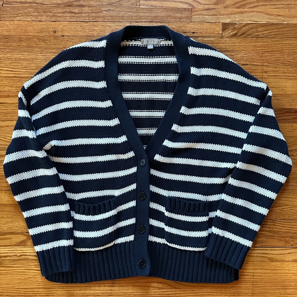 J. Crew Navy and Cream Cotton Cardigan NWOT - Picture 2 of 6